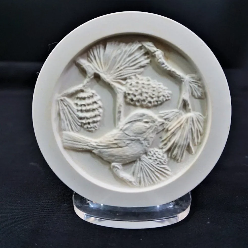 Chalkware Coasters Crossbill Bird And Pinecone Cork Back White Plaster Set Of 3